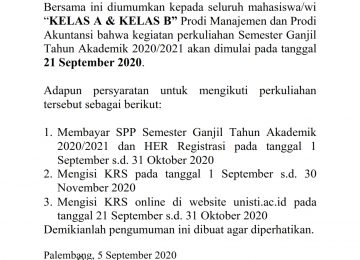 Awal Perkuliahan Semester Ganjil TA. 2020/2021