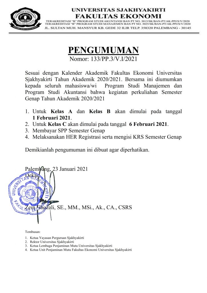 Awal Perkuliahan Semester Genap TA. 2020/2021 – Fakultas Ekonomi ...